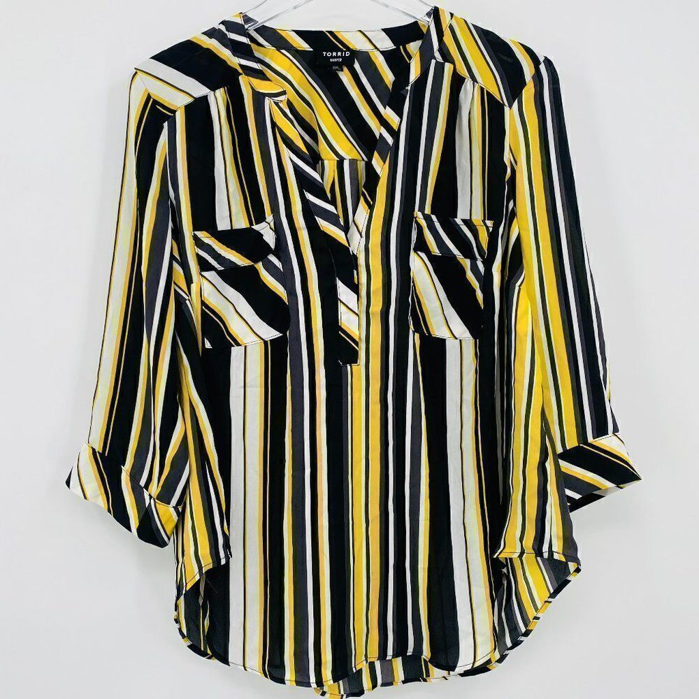 Torrid Size Large 00X Black & Yellow Striped Harper Popover Blouse Top Career